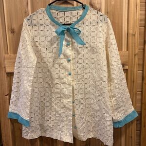 Homemade Vintage Eyelet Lace White and Blue Boxy Blouse with Tie Front